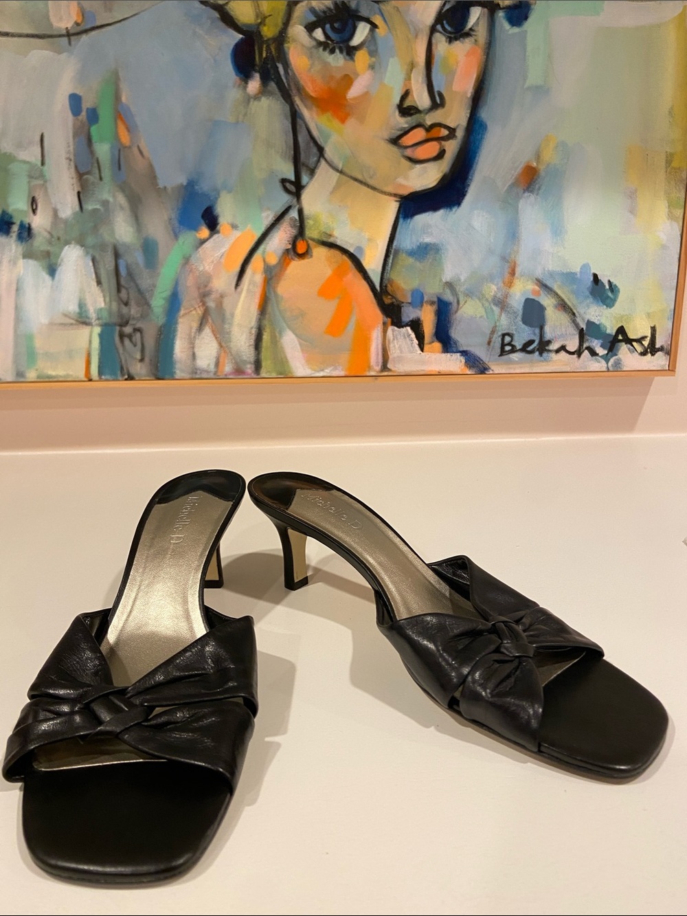 Michelle D Black Knot-Front Leather Mule Heels